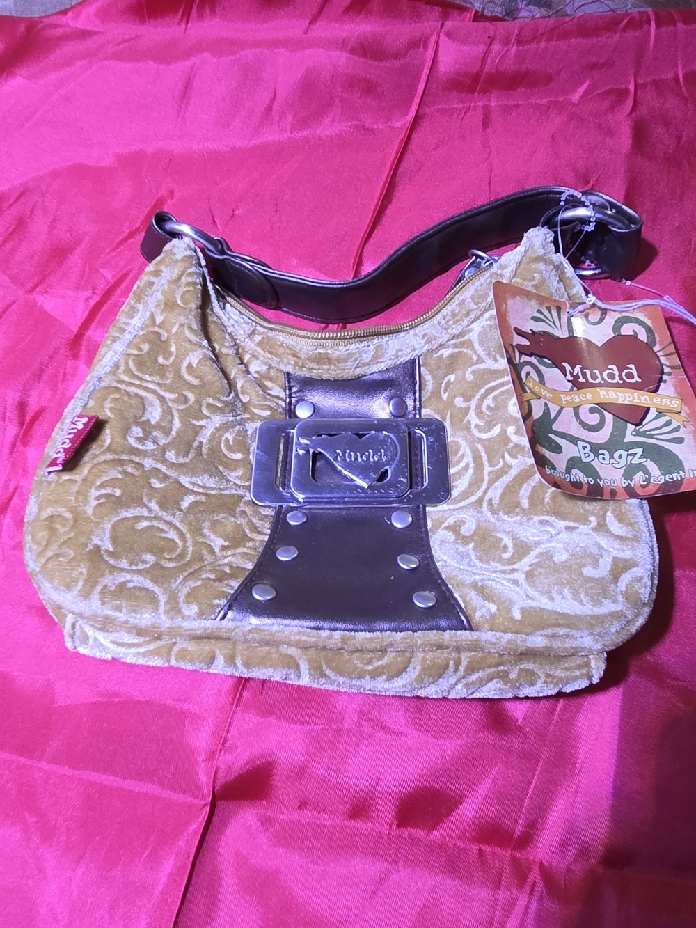 ​Vtg Y2K Mudd Bagz Mini Shoulder Bag Gold Velvet Flocked Damask Heart Buckle NWT